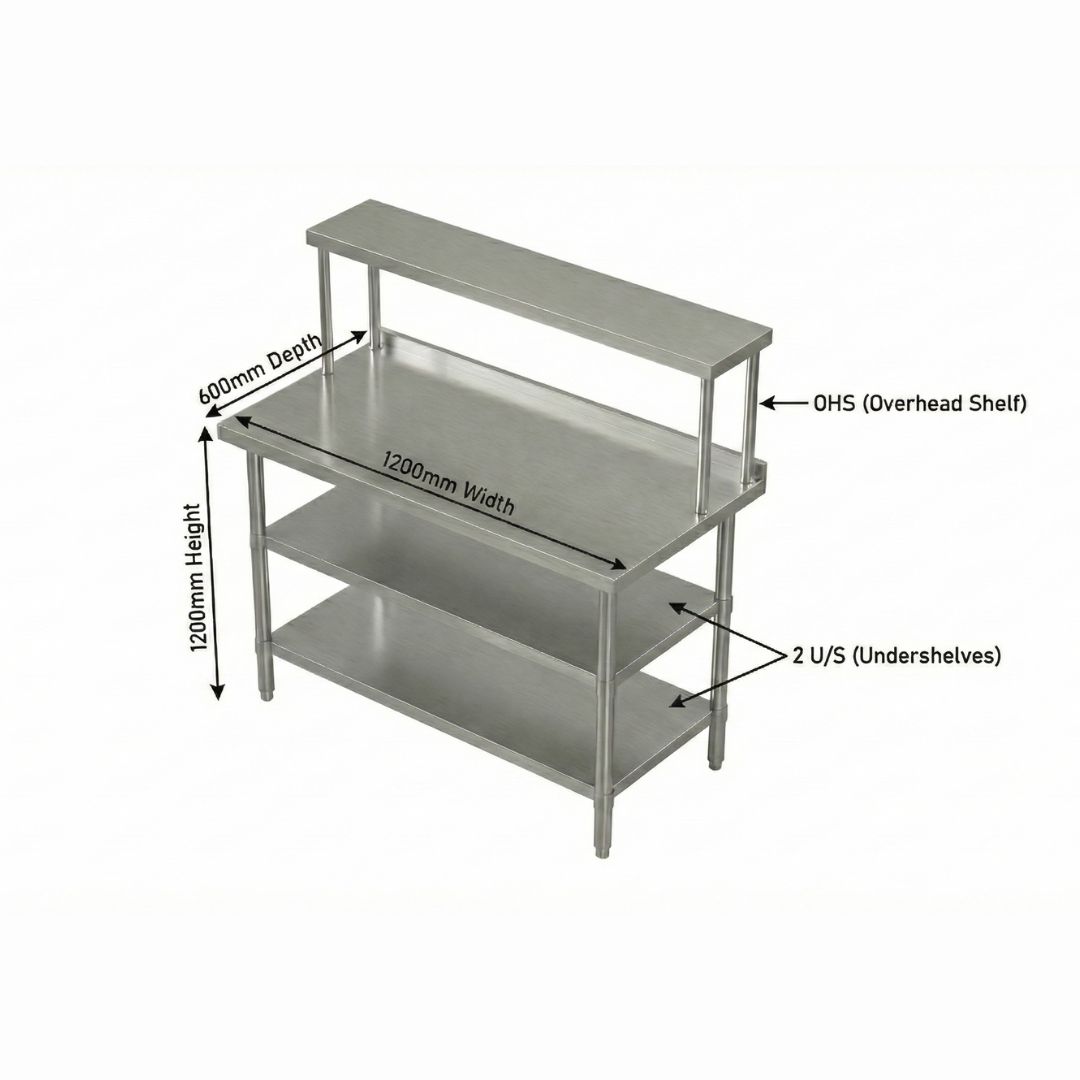 Pickup Table Commercial with 2 Under Shelves & Single Overhead Shelf (1200 × 600 × 850 mm)