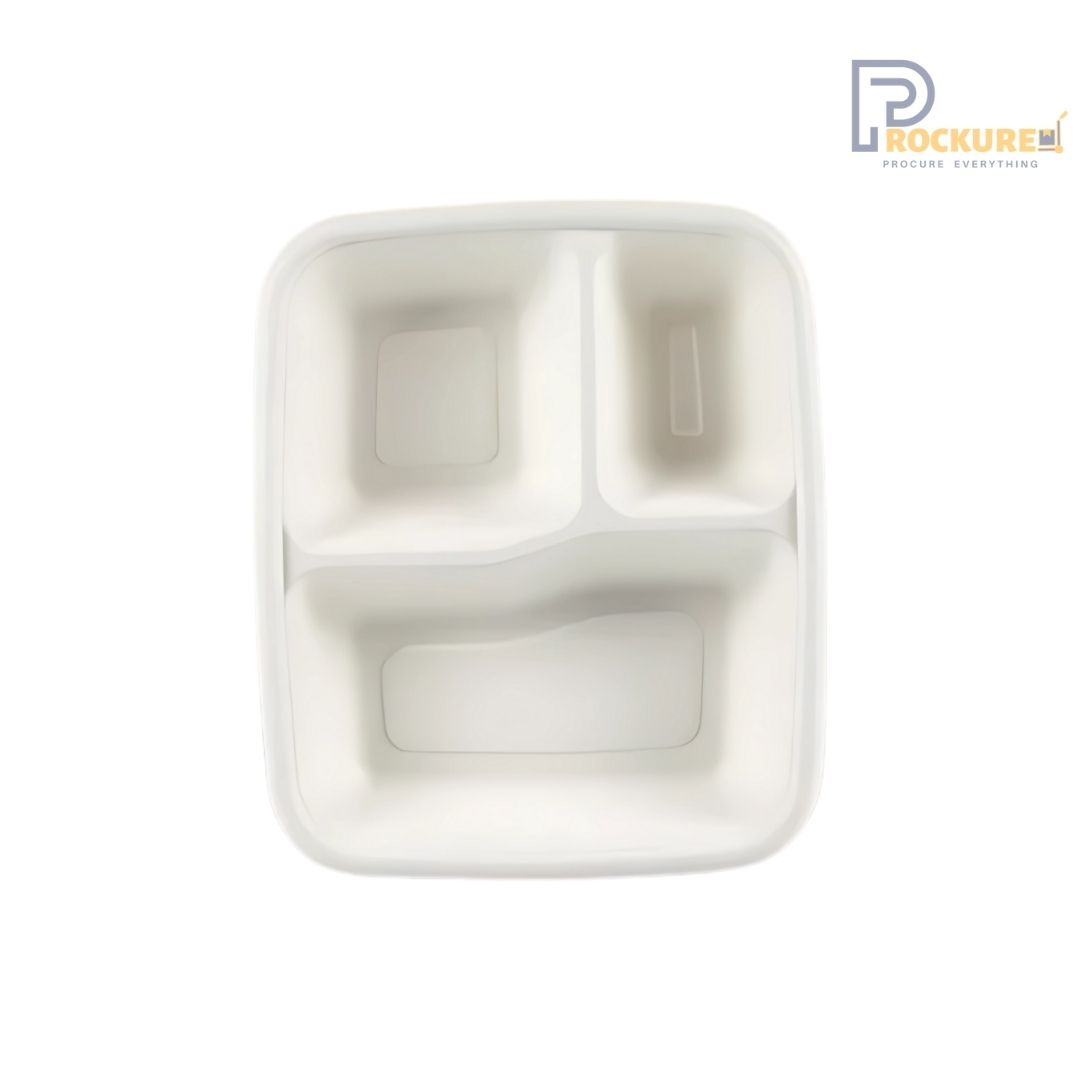 White Bagasse 3 Compartment Square Meal Tray With Lid | Biodegradable Meal Tray
