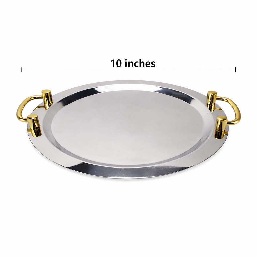 Golden Tray Round 10 Inch - Stainless Steel Serving Tray with Mirror Finish and Gold Handles
