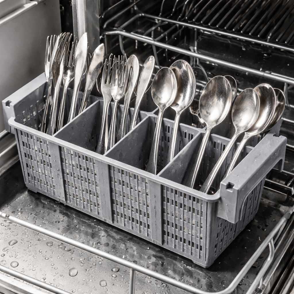 Cutlery Washing Basket CTWAB-89, Grey 4 Section Heavy Duty Plastic, Stackable Dishwasher Safe