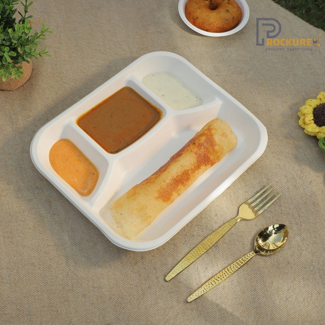 White Bagasse 4 Compartment Rectangle Meal Tray | Biodegradable Meal Tray