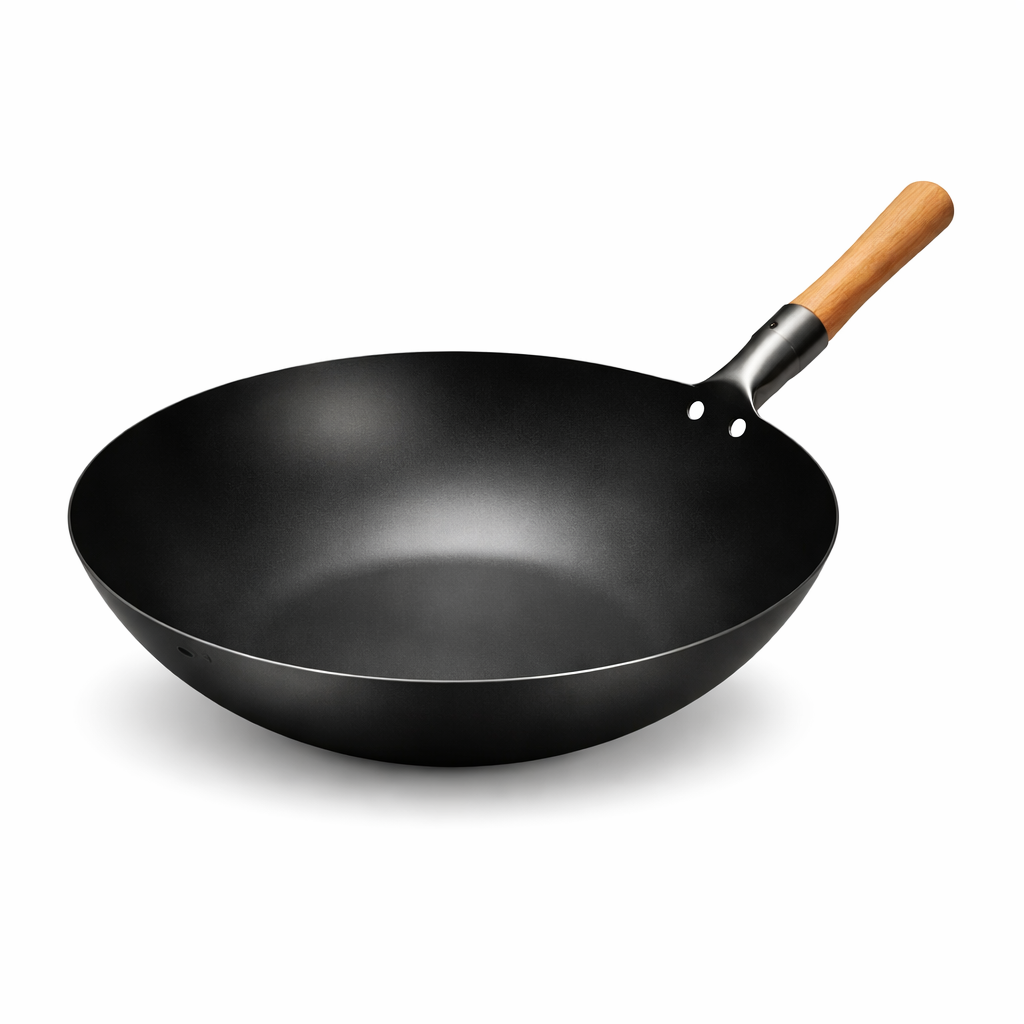 Wok Black Wooden Handle Carbon Steel Chinese Wok 36 cm - Cookware