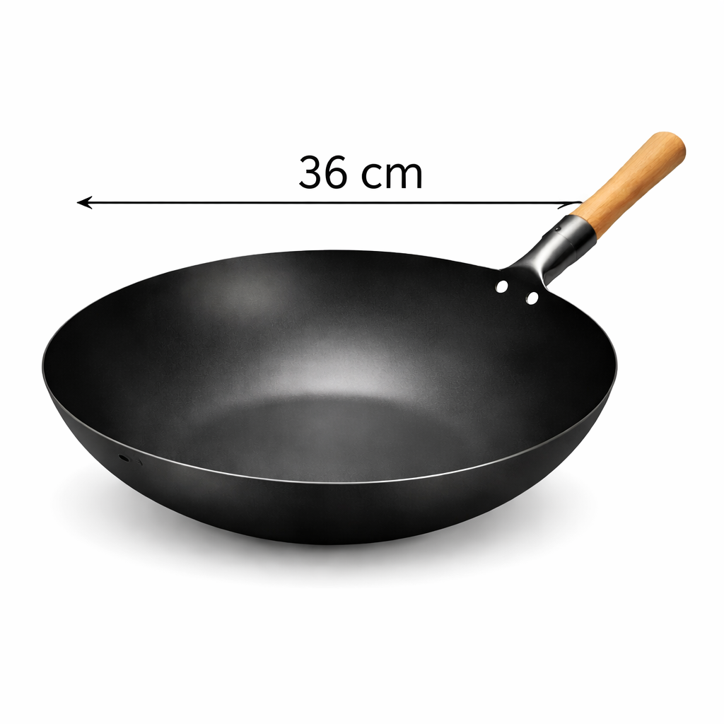 Wok Black Wooden Handle Carbon Steel Chinese Wok 36 cm - Cookware