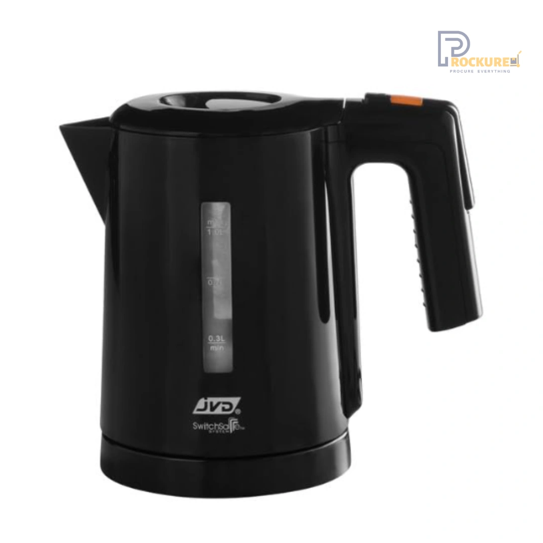 JVD Duchesse Kettle – 1L, Black, PP Housing, S/S304 Heating Plate, VDE Plug