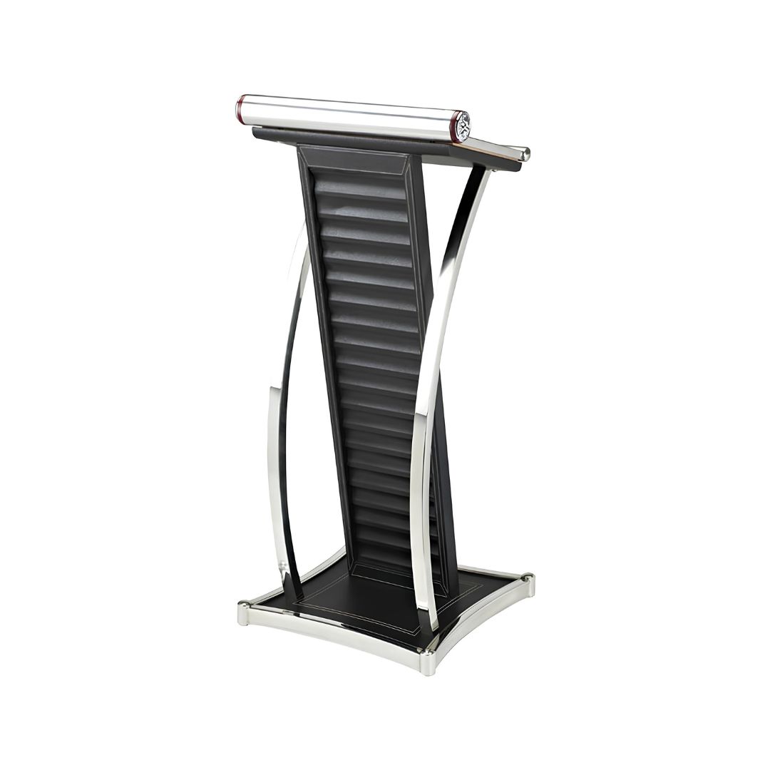 Modern Conference Podium Lectern with Stainless Steel Frame and Wooden Panel