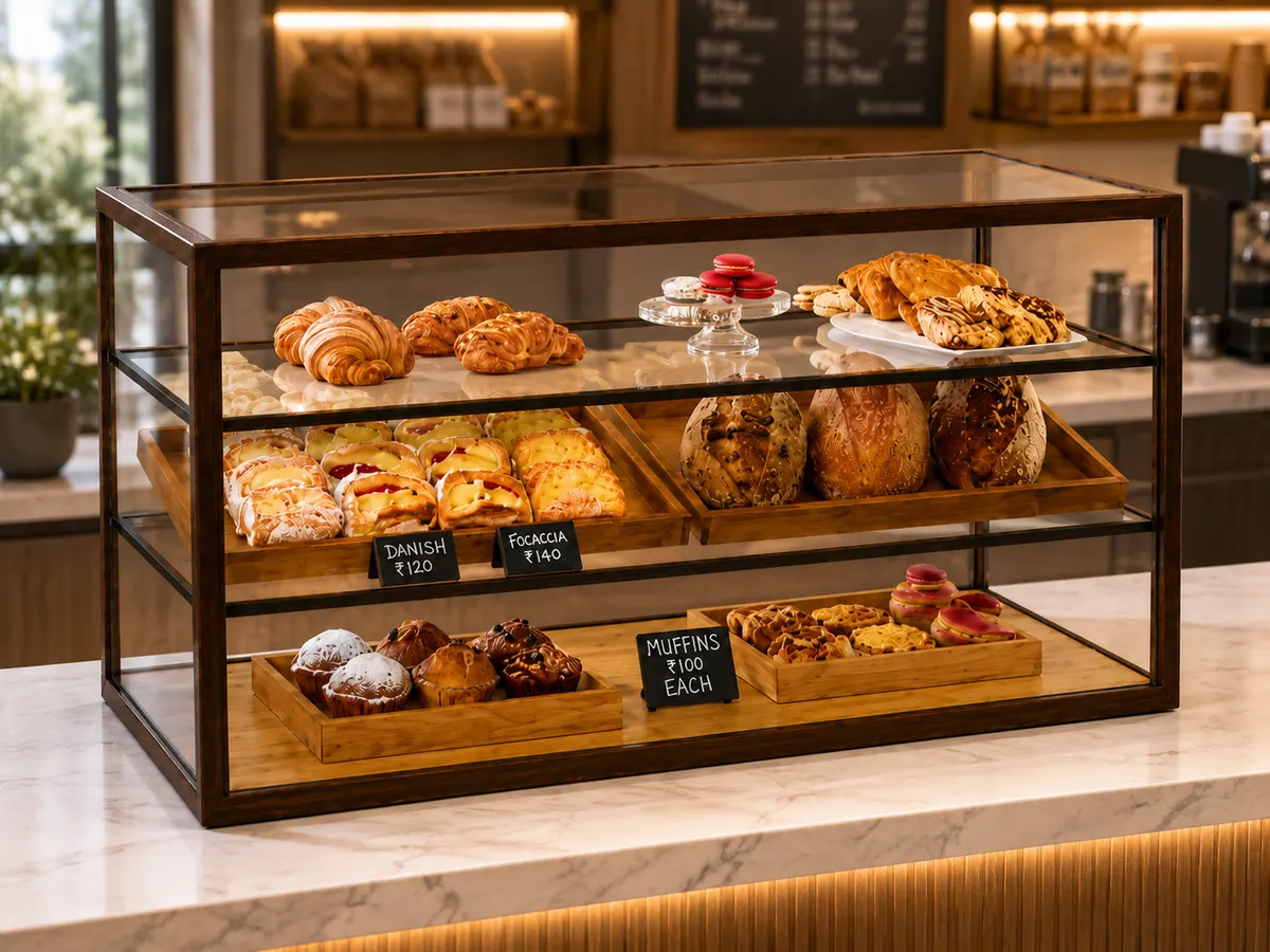 Stainless Steel Large Bakery & Dessert Ambient Display Cabinet with Wooden Interior 1080 x 440 x 600 mm 2