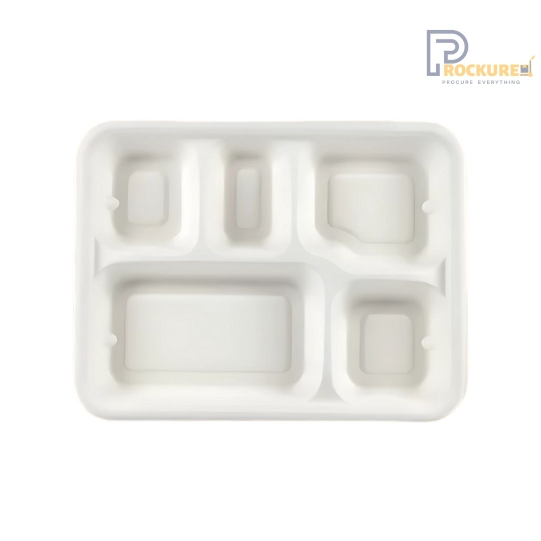 White Bagasse 5 Compartment Regular Meal Tray | Biodegradable Meal Tray