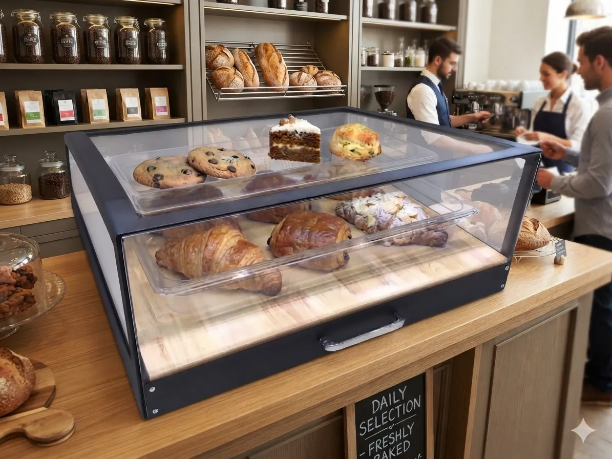 Stainless Steel Bread Display Stand with Wooden Interior & Acrylic Panels 2