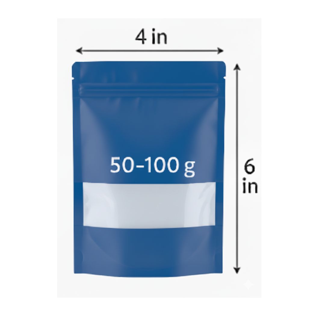 Blue Stand Up Zipper Pouch with Window | 4 x 6 in | 50-100 g