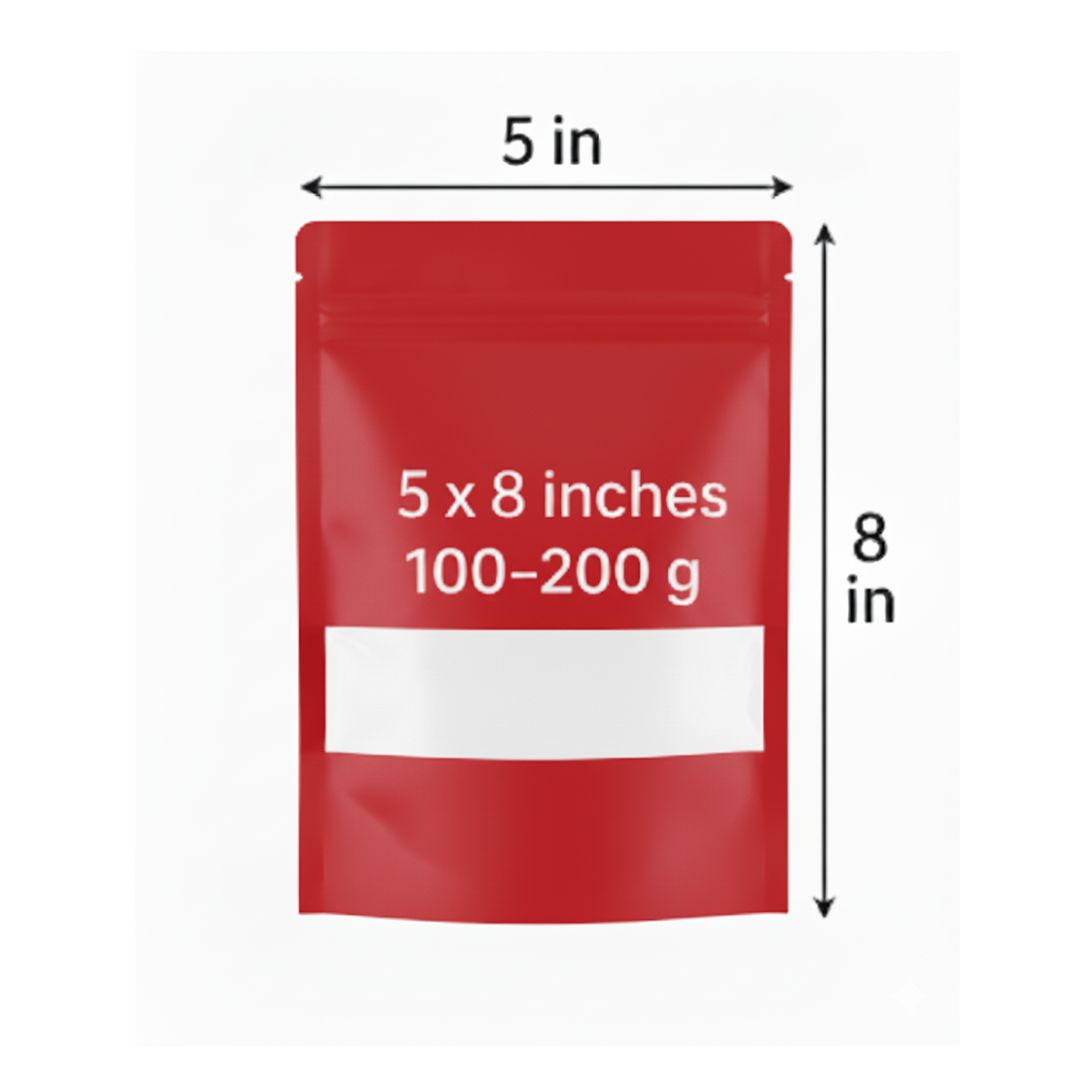 Red Stand Up Zipper Pouch with Window | 5 x 8 in | 100-200 g