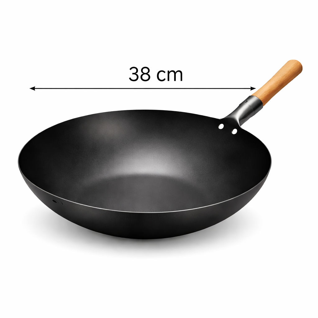 Wok Black Wooden Handle Carbon Steel Chinese Wok 38 cm - Cookware 2