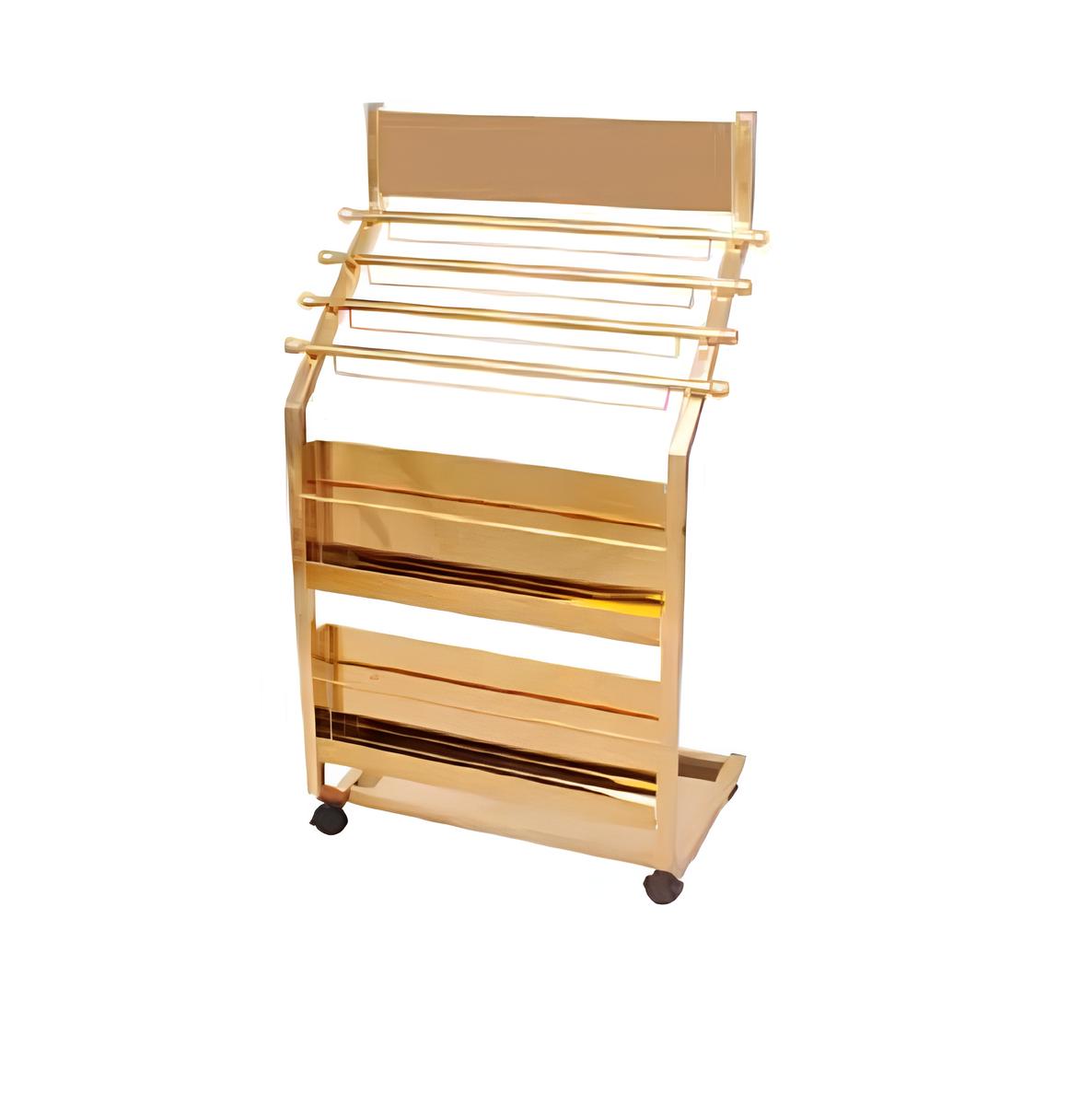Hotel Newspaper Stand with Multiple Rods and Storage Shelves Gold Finish