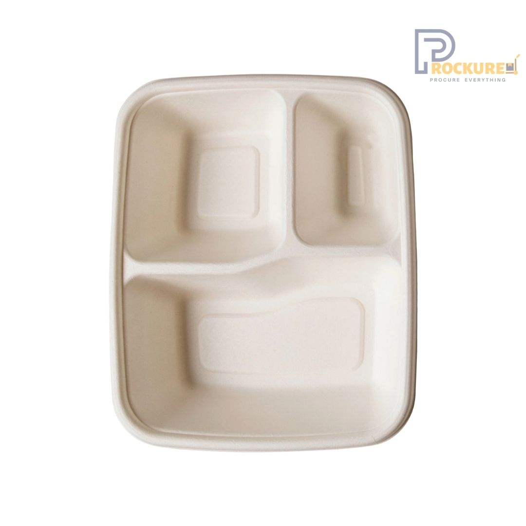 Brown Bagasse 3 Compartment Square Meal Tray With Lid | Biodegradable Meal Tray