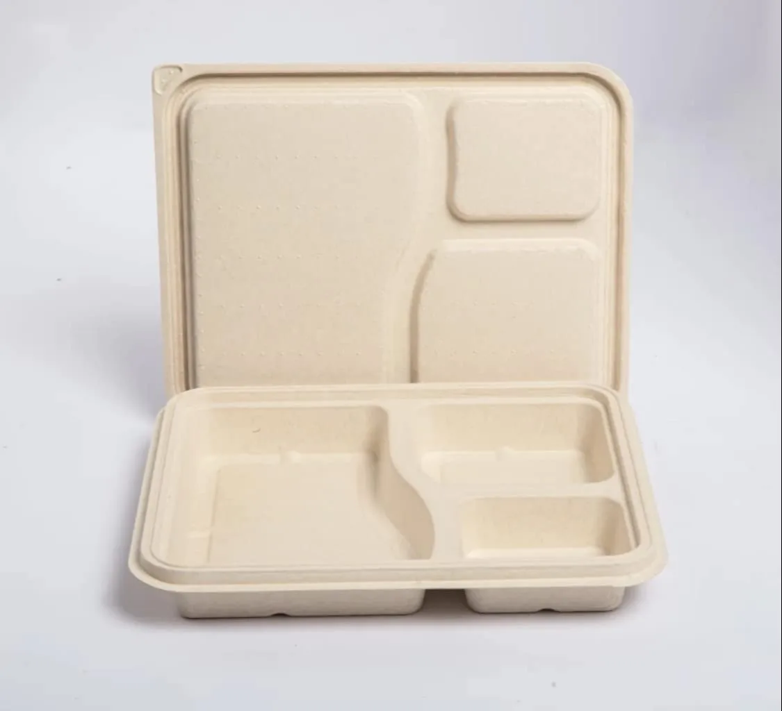 Brown Bagasse 3 Compartment Square Meal Tray With Lid | Biodegradable Meal Tray