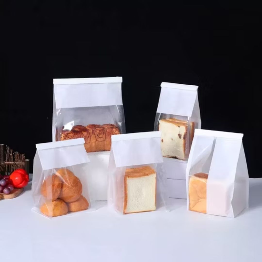 White Paper Bread Bakery Bag with Bottom Window & Metal Wire Strip – Disposable, Food-Grade | Variable Sizes