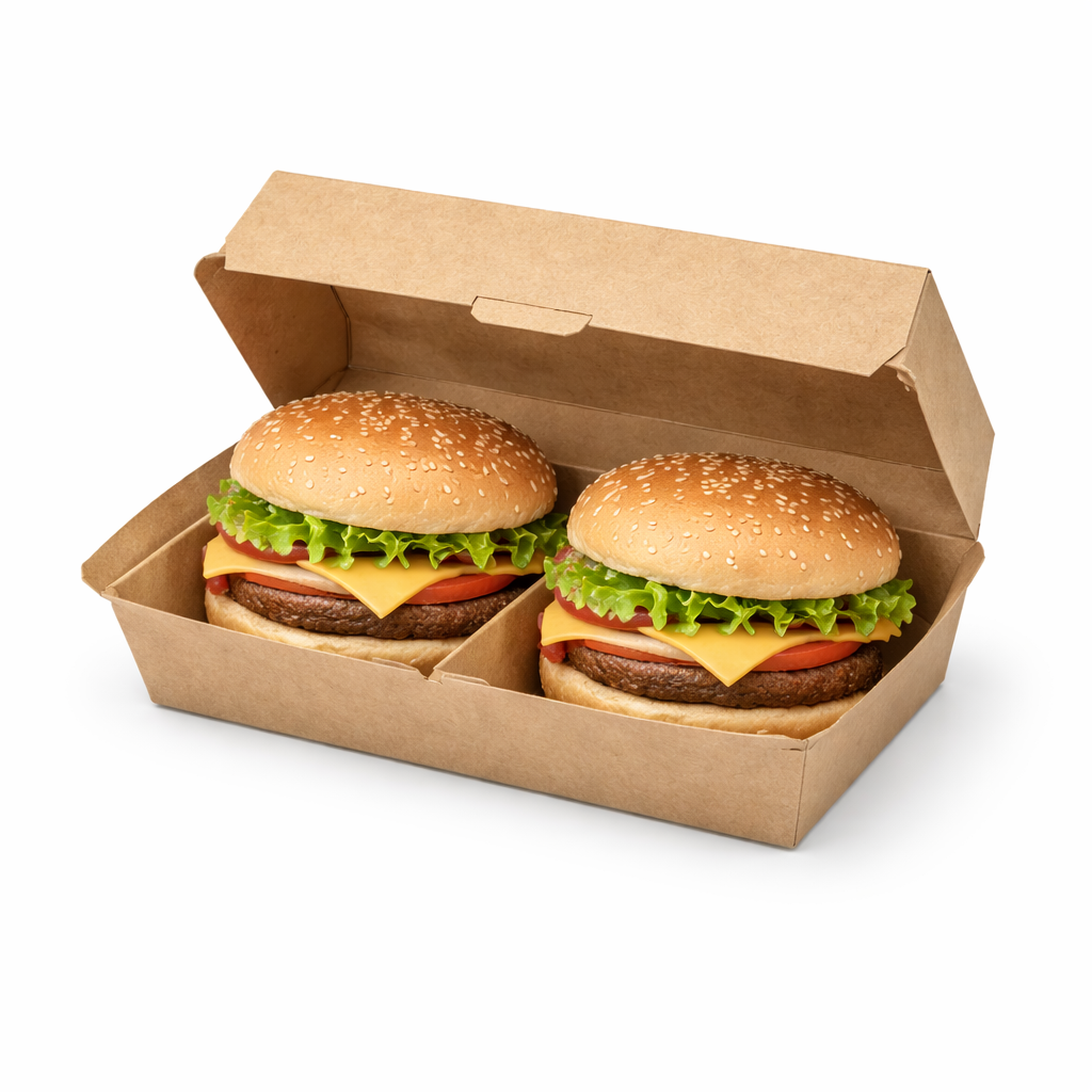Double Burger Box Brown Kraft Paper Clamshell Type
