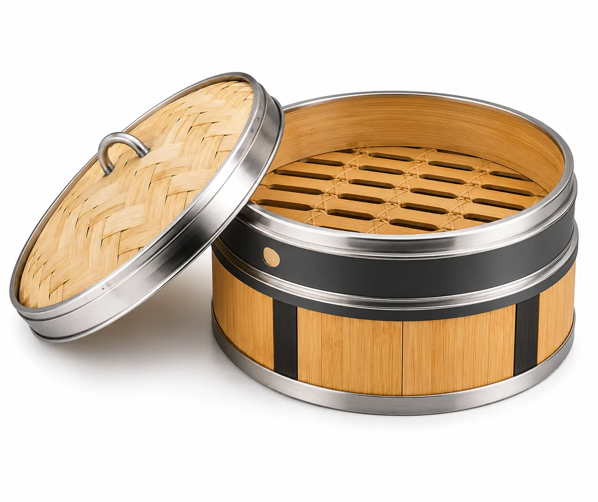 Stainless Steel Bamboo Dimsum Basket with Lid 2