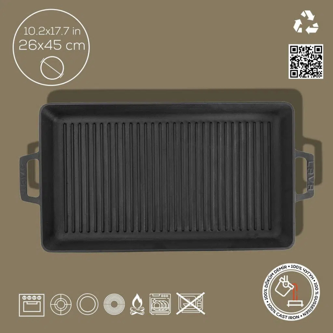 Cast Iron Enamel Pan 26x45 cm - Grill Pan Rectangular 26x45