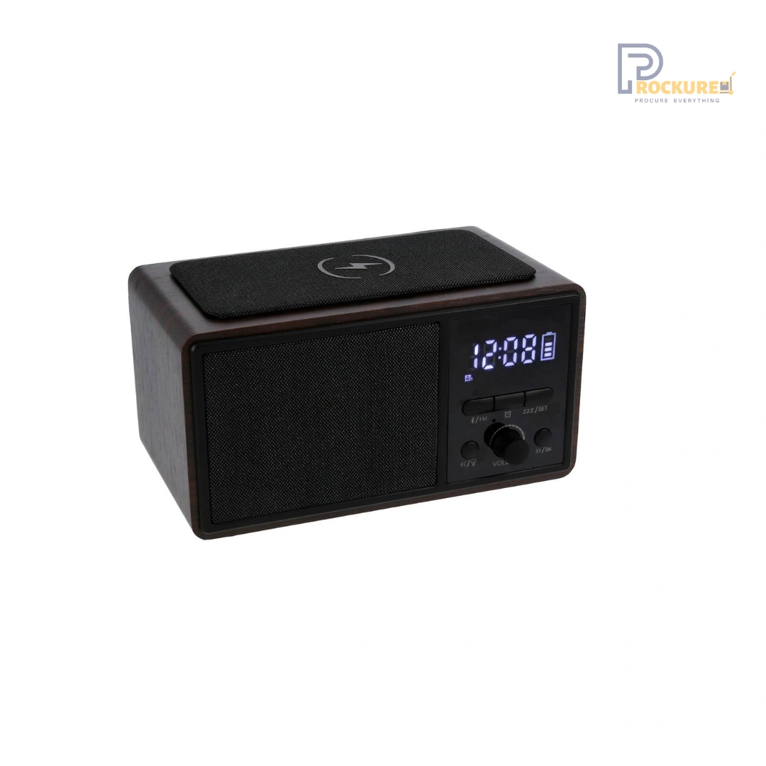 JVD Carabay Docking Station (Dark Brown) – FM Alarm, Wireless Charging & 8W Speaker for Hotels