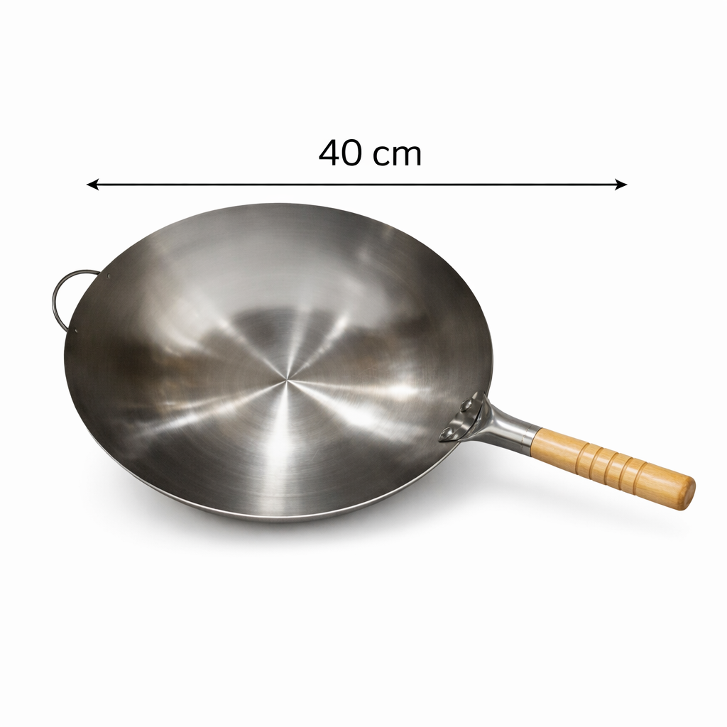 Chinese Wok Wooden Handle Stainless Steel 40cm - Restaurant Grade 2