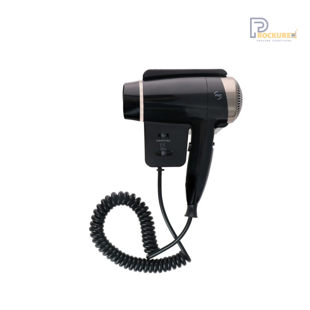JVD Keos PR Hair Dryer – Wall-Mounted Black Hotel Dryer with Dual Shaver Socket