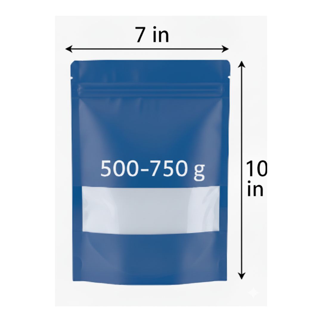 Blue Stand Up Zipper Pouch with Window | 7 x 10 In | 500-750 g