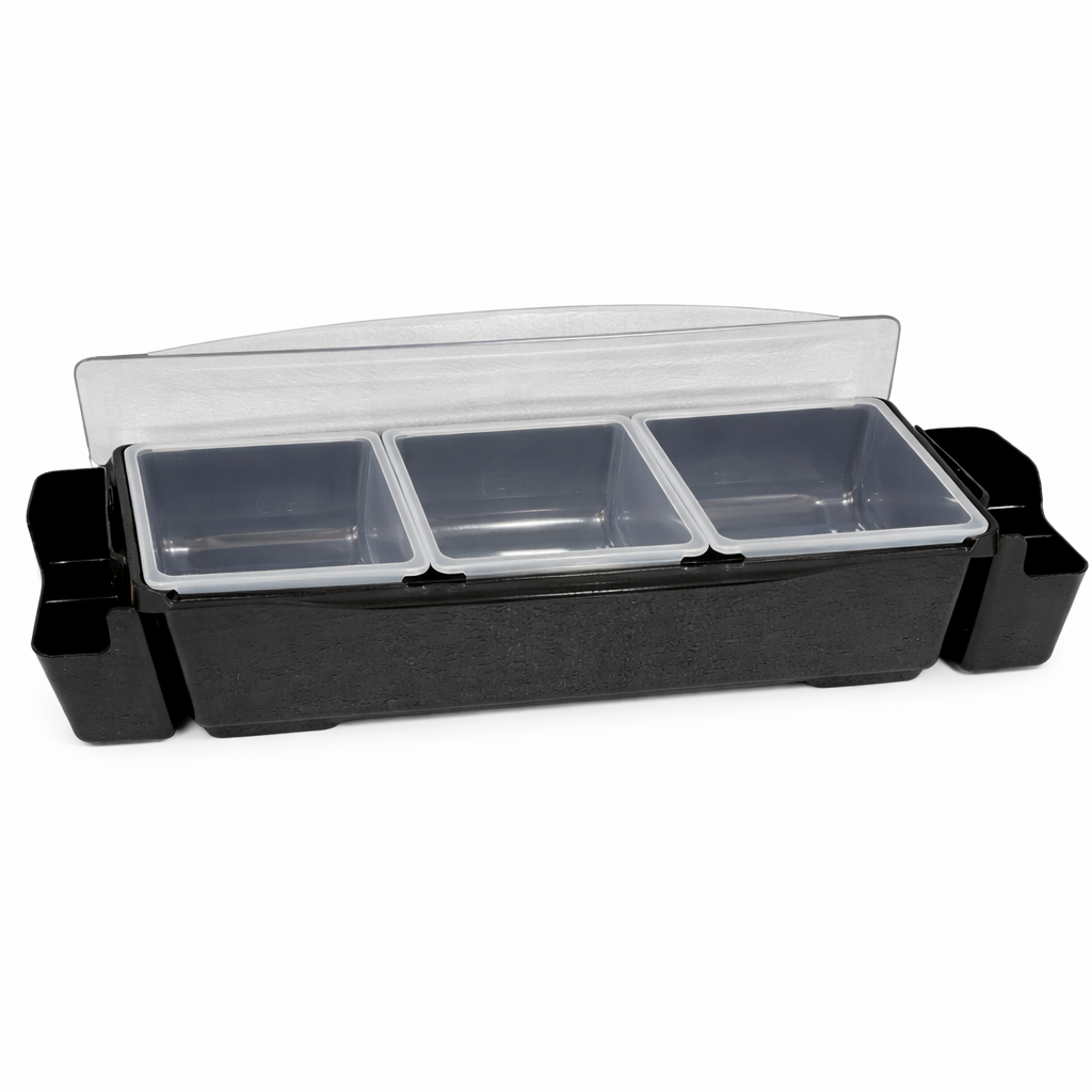 3 Section Condiment Tray with Holder and Lid - Heavy Duty Food Grade Plastic