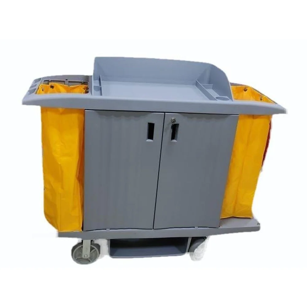Plastic Housekeeping Trolley - 3-Shelf Cleaning Cart with Dual Buckets (Yellow & Grey)