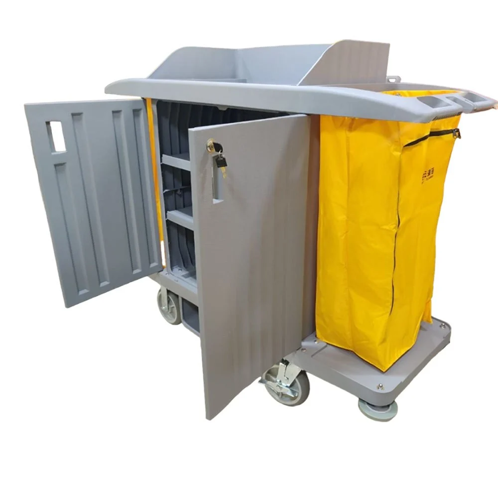 Plastic Housekeeping Trolley - 3-Shelf Cleaning Cart with Dual Buckets (Yellow & Grey)
