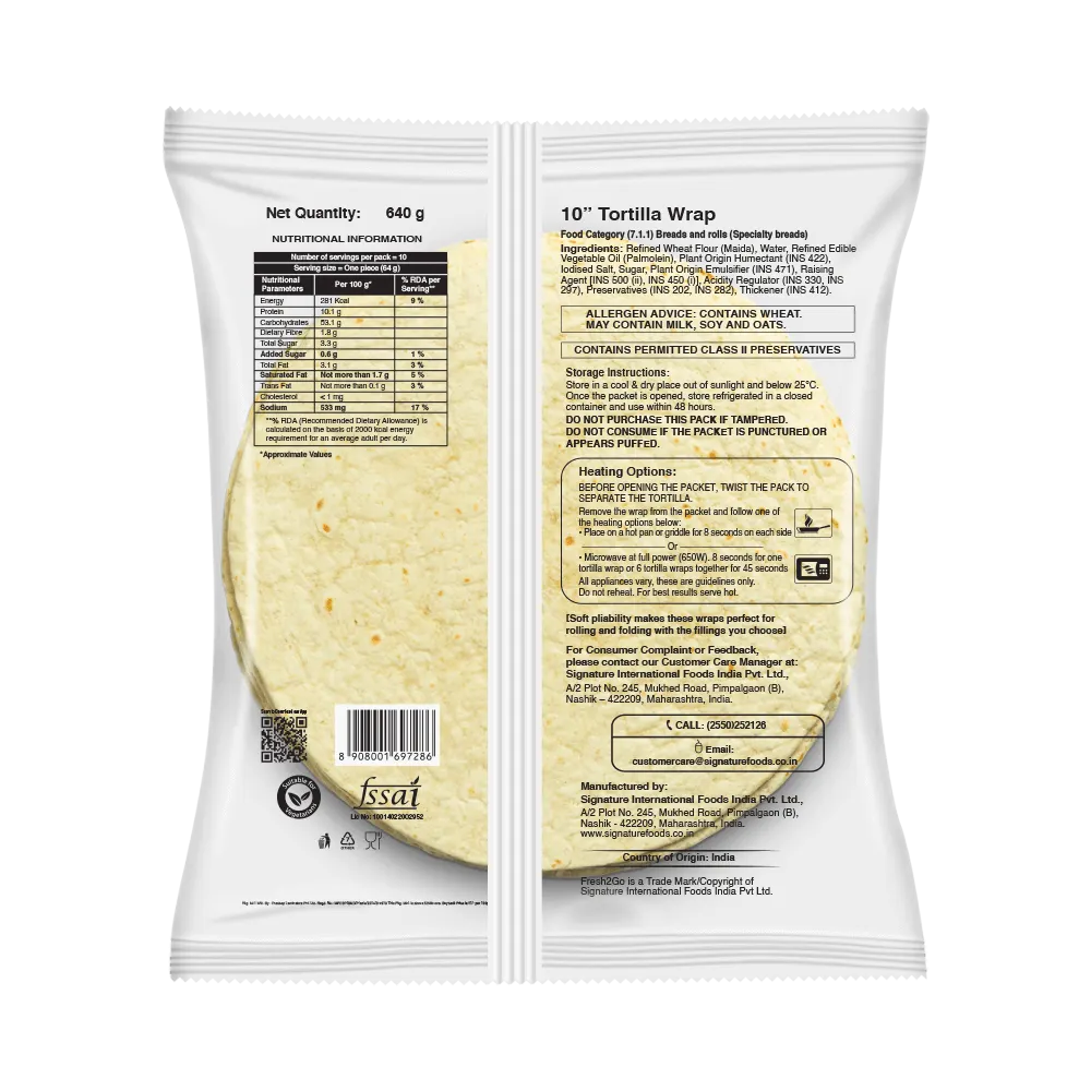 Fresh 2 Go 10 Inch Plain Tortilla Wrap RTC Ambient 640 gm Pack of 10 2