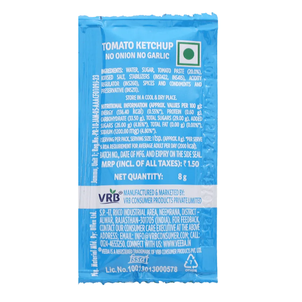 Veeba Tomato Ketchup (No Onion No Garlic) 8 gm | Pack of 100 Sachets 2