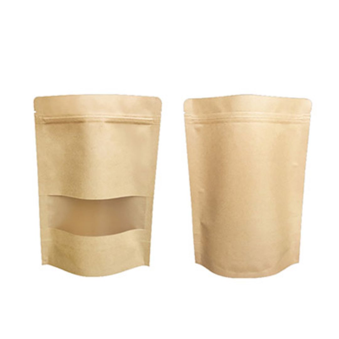 Kraft Brown Paper Stand Up Zipper Pouch with Window | 5 x 8 inches | 100-200g