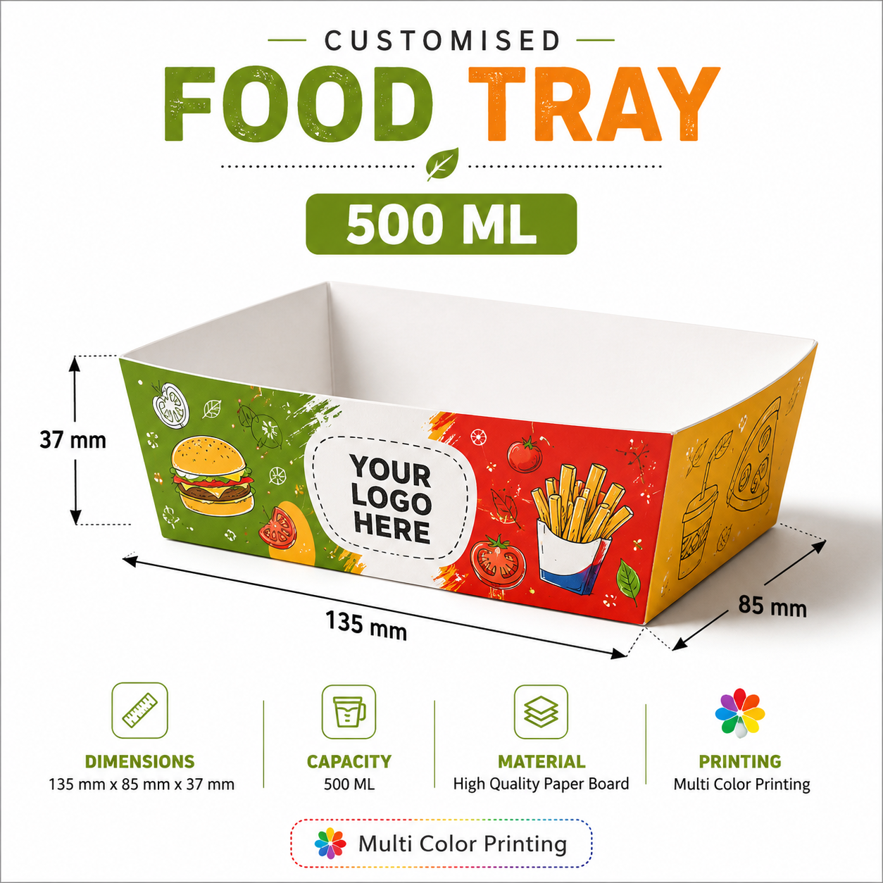 Customized Paper Food Tray Multicolor, Multiple Sizes 2