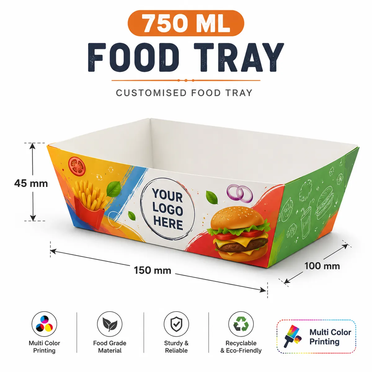 Customized Paper Food Tray Multicolor, Multiple Sizes 3